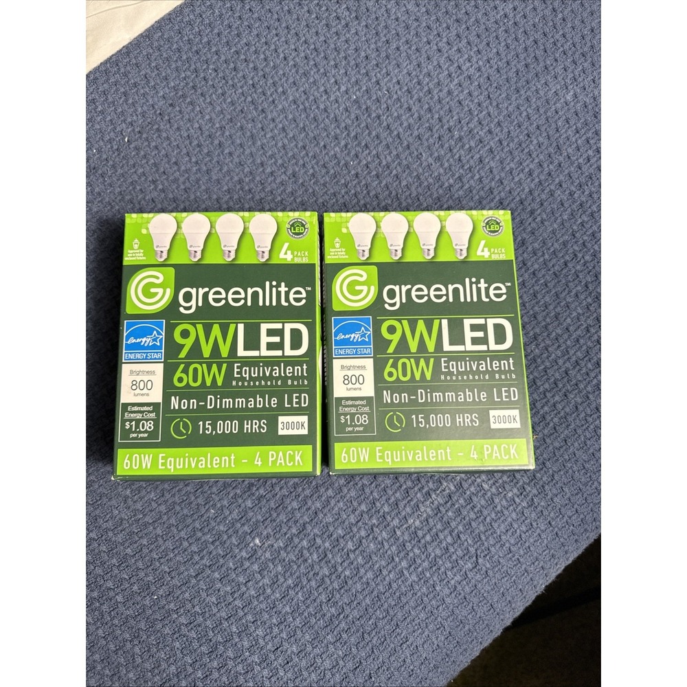 New Greenlite 9W LED Light Bulbs 60W Equivalent 8 Pack 3000K Bright White